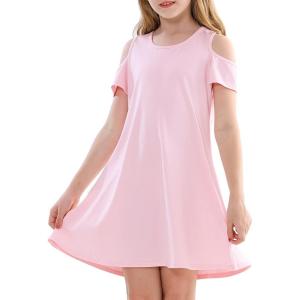 imageStelle Girls Dress Short Sleeve Toddler Skater Twirl A Line Solid Color Dress TShirt Dress for School Casual ValentinesCd001pinkcold Shoulder