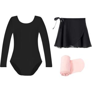 imageStelle Ballet Leotards for Girls Long Sleeve Dance Dress Outfit Combo with Skirt and Tights ToddlerLittle KidBig Kid2black Long Sleeve