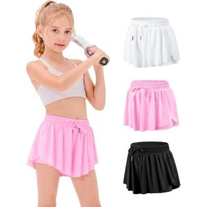 imageStelle Girls Flowy Shorts with Pockets Athletic Running Skirt High Waist Butterfly 2 in 1 Sports Short 516 YearsBlackwhitecotton Candy