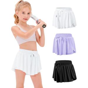 imageStelle Girls Flowy Shorts with Pockets Athletic Running Skirt High Waist Butterfly 2 in 1 Sports Short 516 YearsBlackwhitelavender
