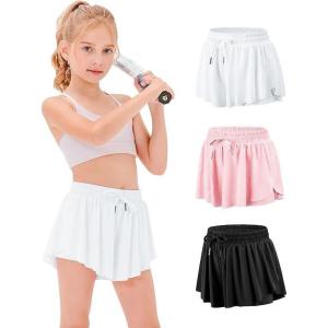 imageStelle Girls Flowy Shorts with Pockets Athletic Running Skirt High Waist Butterfly 2 in 1 Sports Short 516 YearsWhitepinkblack