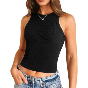 imageStelle Ribbed Tank Tops for Women High Neck Sleeveless Cami Stretch Slim Top Casual Workout Basic TshirtBlack