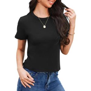 imageStelle Womens Cotton TShirts Crewneck Short Sleeve Basic Tees Summer Casual Solid Crop TopsBlack