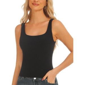 imageStelle Womens Ribbed Tank Tops Seamless Padded Workout Crop Top Sleeveless Square Neck Cami Basic ShirtsBlack