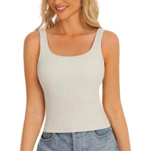 imageStelle Womens Ribbed Tank Tops Seamless Padded Workout Crop Top Sleeveless Square Neck Cami Basic ShirtsChalk