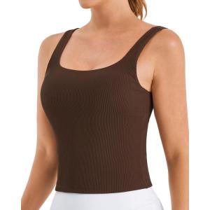 imageStelle Womens Ribbed Tank Tops Seamless Padded Workout Crop Top Sleeveless Square Neck Cami Basic ShirtsCocoa