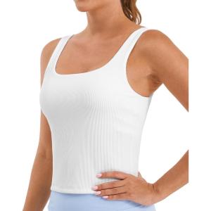 imageStelle Womens Ribbed Tank Tops Seamless Padded Workout Crop Top Sleeveless Square Neck Cami Basic ShirtsWhite