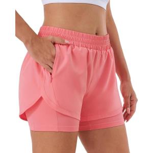 imageStelle Women 2 in 1 Running Shorts High Waisted Athletic Shorts Gym Workout Shorts with Liner Zipper PocketsCoral