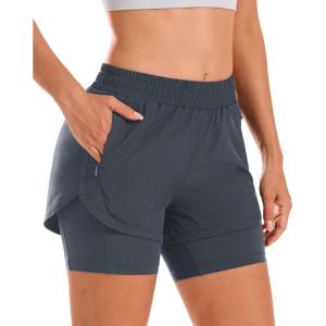 imageStelle Women 2 in 1 Running Shorts High Waisted Athletic Shorts Gym Workout Shorts with Liner Zipper PocketsGrey