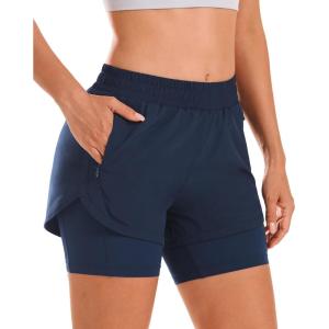 imageStelle Women 2 in 1 Running Shorts High Waisted Athletic Shorts Gym Workout Shorts with Liner Zipper PocketsNavy