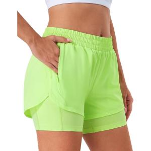imageStelle Women 2 in 1 Running Shorts High Waisted Athletic Shorts Gym Workout Shorts with Liner Zipper PocketsNeon Yellow