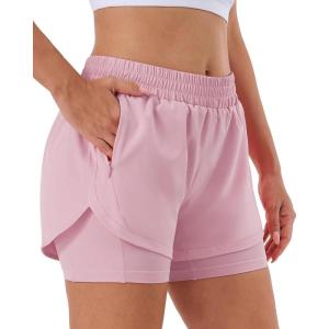 imageStelle Women 2 in 1 Running Shorts High Waisted Athletic Shorts Gym Workout Shorts with Liner Zipper PocketsPink