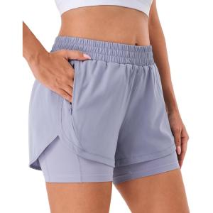 imageStelle Women 2 in 1 Running Shorts High Waisted Athletic Shorts Gym Workout Shorts with Liner Zipper PocketsPurple Haze