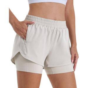 imageStelle Women 2 in 1 Running Shorts High Waisted Athletic Shorts Gym Workout Shorts with Liner Zipper PocketsSandy Grey