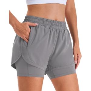 imageStelle Women 2 in 1 Running Shorts High Waisted Athletic Shorts Gym Workout Shorts with Liner Zipper PocketsSmoke Grey