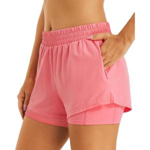 imageStelle Womens 2 in 1 Running Shorts Athletic Workout Gym Shorts High Waisted Shorts with Liner Zipper PocketsCoral