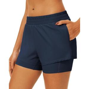 imageStelle Womens 2 in 1 Running Shorts Athletic Workout Gym Shorts High Waisted Shorts with Liner Zipper PocketsNavy