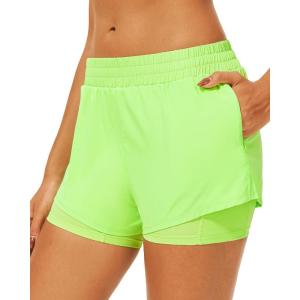 imageStelle Womens 2 in 1 Running Shorts Athletic Workout Gym Shorts High Waisted Shorts with Liner Zipper PocketsNeon Yellow