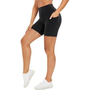 imageStelle High Waist Biker Shorts 5quot Inseam Workout Shorts for Women Tummy Control Gym Yoga Shorts with 2 Side PocketsBlack