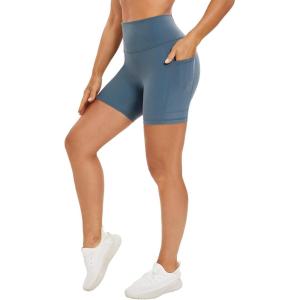 imageStelle High Waist Biker Shorts 5quot Inseam Workout Shorts for Women Tummy Control Gym Yoga Shorts with 2 Side PocketsGray Sage