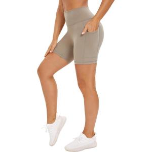 imageStelle High Waist Biker Shorts 5quot Inseam Workout Shorts for Women Tummy Control Gym Yoga Shorts with 2 Side PocketsStone