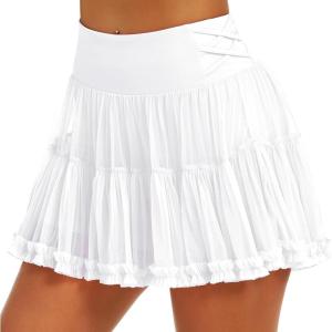 imageStelle Womens Pleated Tennis Skirts High Waisted Ruffle Mini Skirt with Pockets Inner Shorts for Athletic Sports RunningWhite