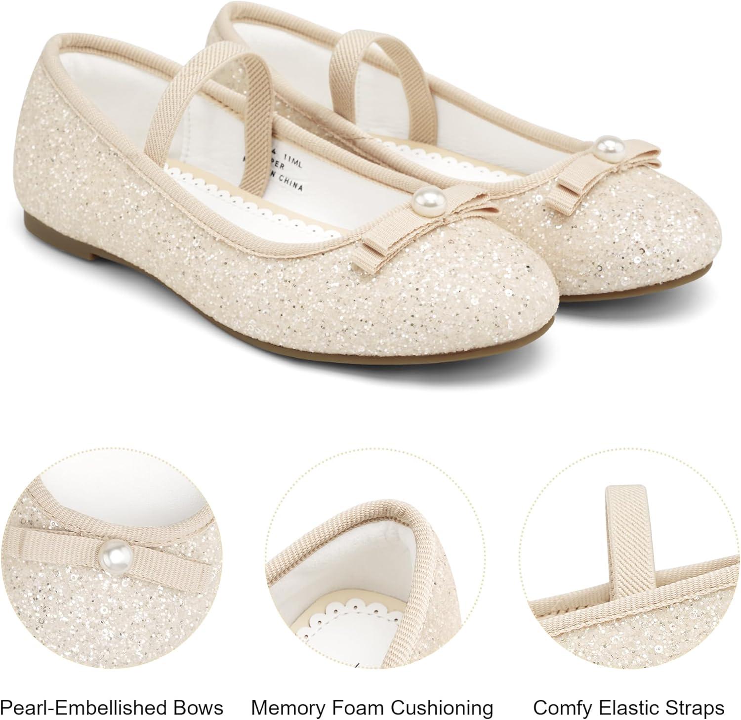 imageStelle Girls Glitter Dress Shoes Flower Wedding Mary Jane Ballet Flats with Strap ToddlerLittleBig KidsChampagne