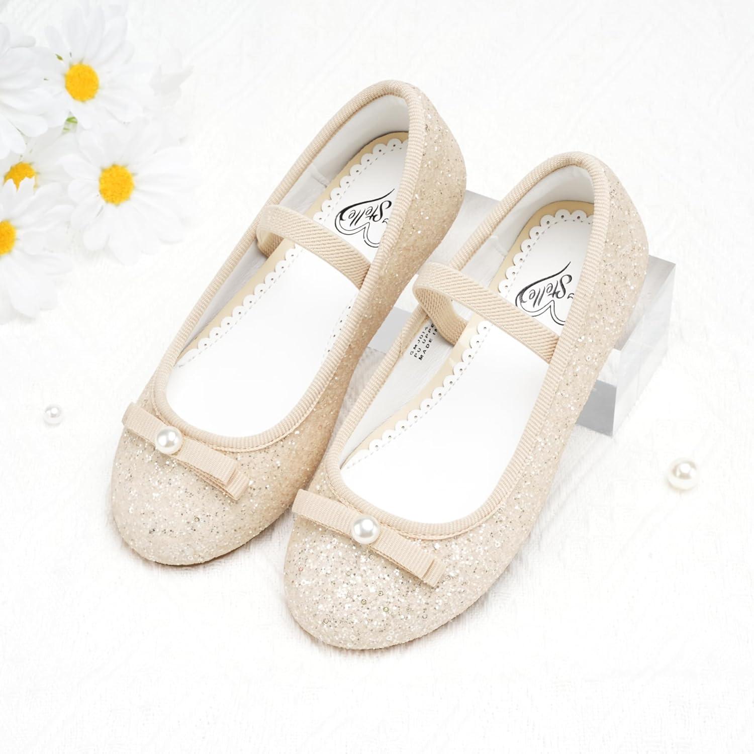 imageStelle Girls Glitter Dress Shoes Flower Wedding Mary Jane Ballet Flats with Strap ToddlerLittleBig KidsChampagne