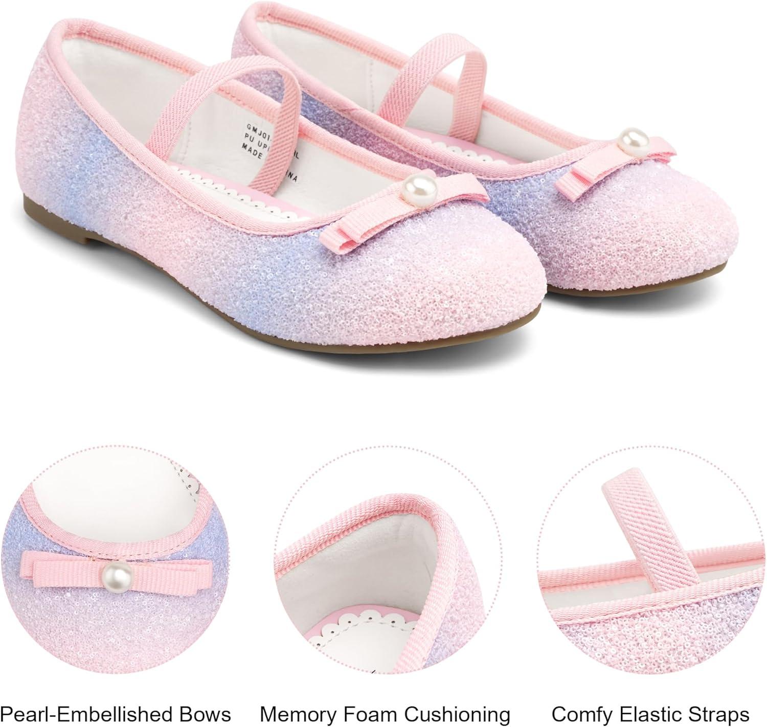 imageStelle Girls Glitter Dress Shoes Flower Wedding Mary Jane Ballet Flats with Strap ToddlerLittleBig KidsRainbow