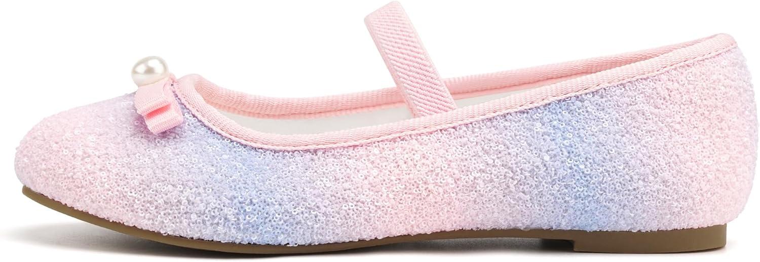 imageStelle Girls Glitter Dress Shoes Flower Wedding Mary Jane Ballet Flats with Strap ToddlerLittleBig KidsRainbow