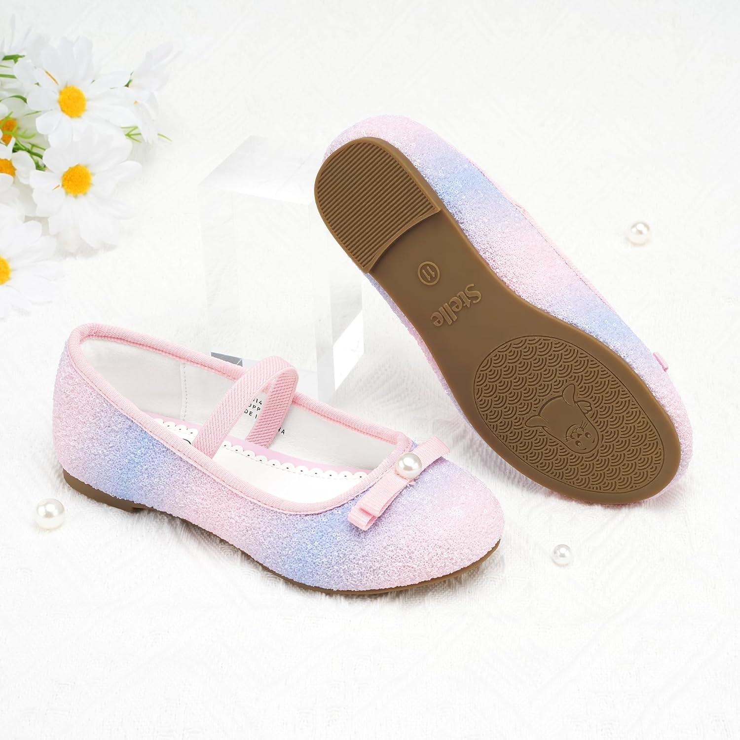 imageStelle Girls Glitter Dress Shoes Flower Wedding Mary Jane Ballet Flats with Strap ToddlerLittleBig KidsRainbow