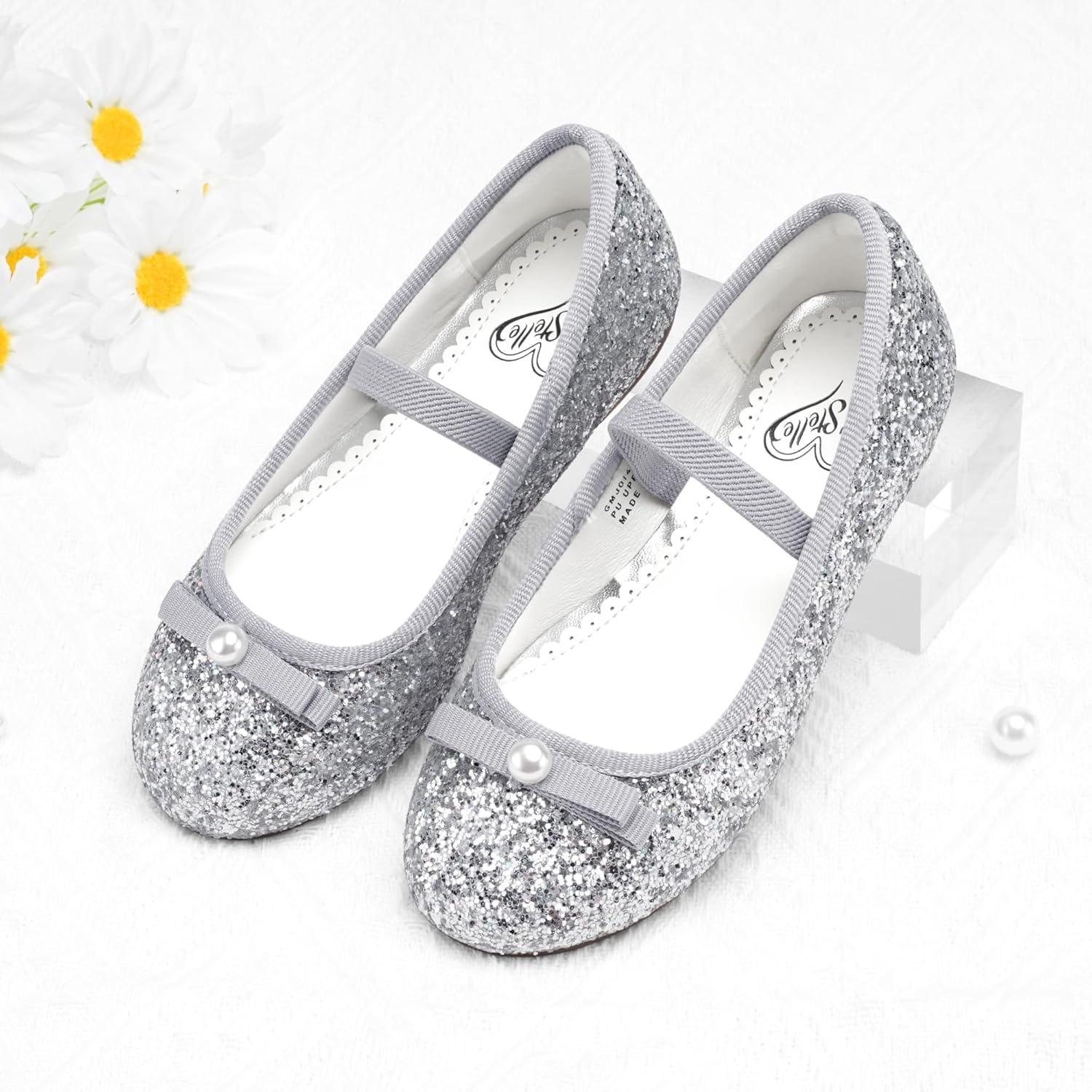 imageStelle Girls Glitter Dress Shoes Flower Wedding Mary Jane Ballet Flats with Strap ToddlerLittleBig KidsSilver