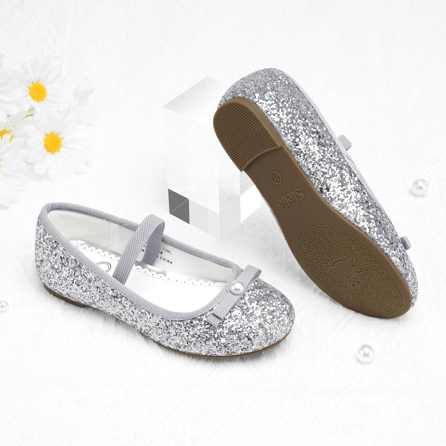 imageStelle Girls Glitter Dress Shoes Flower Wedding Mary Jane Ballet Flats with Strap ToddlerLittleBig KidsSilver