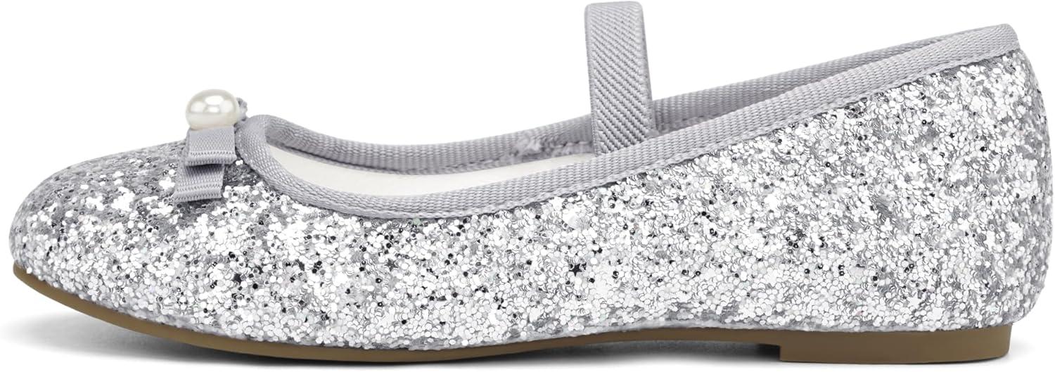 imageStelle Girls Glitter Dress Shoes Flower Wedding Mary Jane Ballet Flats with Strap ToddlerLittleBig KidsSilver