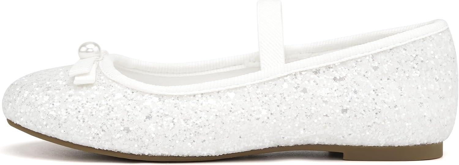 imageStelle Girls Glitter Dress Shoes Flower Wedding Mary Jane Ballet Flats with Strap ToddlerLittleBig KidsWhite