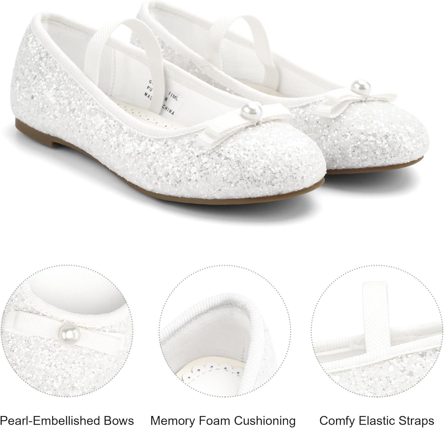 imageStelle Girls Glitter Dress Shoes Flower Wedding Mary Jane Ballet Flats with Strap ToddlerLittleBig KidsWhite