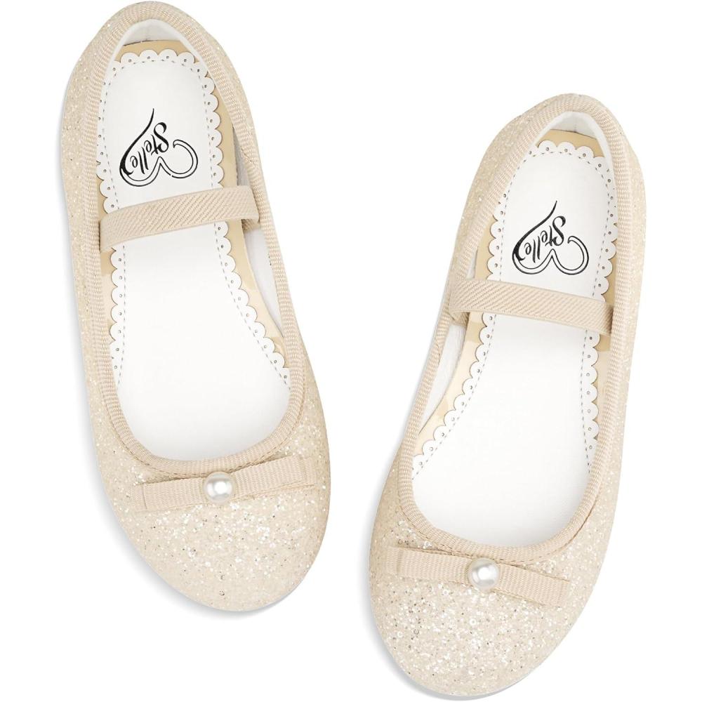 imageStelle Girls Glitter Dress Shoes Flower Wedding Mary Jane Ballet Flats with Strap ToddlerLittleBig KidsChampagne