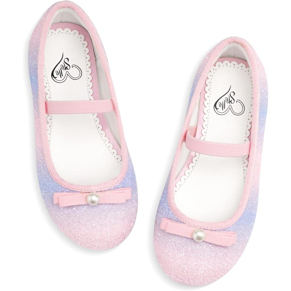 imageStelle Girls Glitter Dress Shoes Flower Wedding Mary Jane Ballet Flats with Strap ToddlerLittleBig KidsRainbow