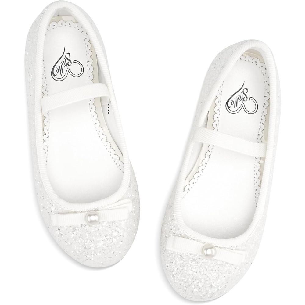 imageStelle Girls Glitter Dress Shoes Flower Wedding Mary Jane Ballet Flats with Strap ToddlerLittleBig KidsWhite