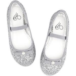 imageStelle Girls Glitter Dress Shoes Flower Wedding Mary Jane Ballet Flats with Strap ToddlerLittleBig KidsSilver