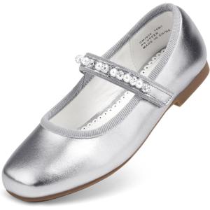 imageStelle Girls Wedding Dress Shoes Ballet Flats Flower Party Mary Jane with Beaded Straps ToddlerLittleBig KidsSilver