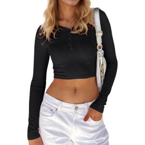 imageStelle Henley Shirts for Women Long Sleeve Crop Top Ribbed Knit Button Slim Fitted Tops Casual Basic BlouseBlack 2