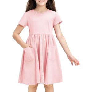 imageStelle Girls Dresses Cotton Short Sleeve Dress Cute Midi Casual Sundress with 2 PocketsBlush Pink