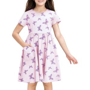 imageStelle Girls Dresses Cotton Short Sleeve Dress Cute Midi Casual Sundress with 2 PocketsButterfly Bliss Print