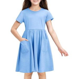 imageStelle Girls Dresses Cotton Short Sleeve Dress Cute Midi Casual Sundress with 2 PocketsCornflower Blue