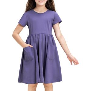 imageStelle Girls Dresses Cotton Short Sleeve Dress Cute Midi Casual Sundress with 2 PocketsDusty Grape