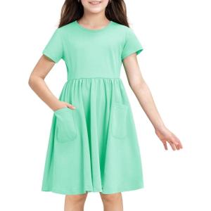 imageStelle Girls Dresses Cotton Short Sleeve Dress Cute Midi Casual Sundress with 2 PocketsMint Green