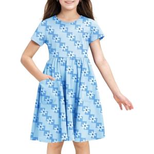 imageStelle Girls Dresses Cotton Short Sleeve Dress Cute Midi Casual Sundress with 2 PocketsMosaic Daisy Print