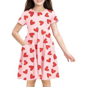 imageStelle Girls Dresses Cotton Short Sleeve Dress Cute Midi Casual Sundress with 2 PocketsSweet Hearts