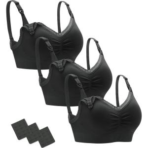 imageStelle Lace Nursing Bras for Breastfeeding Seamless Pregnancy Maternity Wireless Bralette with Pads Extenders3 Pack Black